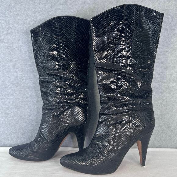 Vintage Biondini Women's sz 8.5 (EU 38.5) Black Snakeskin Heel Boots Italy Rare - Picture 2 of 16